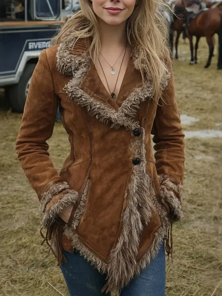 Black women's suede coat with fur collar, stylish Occi design by Corporación Turística, featuring a cozy and elegant look.