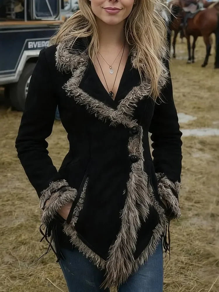 Black women's suede coat with faux fur collar, stylish and warm, from Corporación Turística.