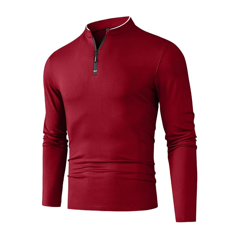 Black men's long-sleeve shirt by Corporación Turística with half-zip, wrinkle-resistant, casual and business style, front view.