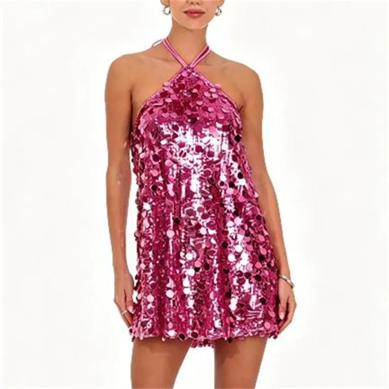 Black mini halter dress with sequin embellishments for women, stylish and fitted, perfect for evening or party wear.