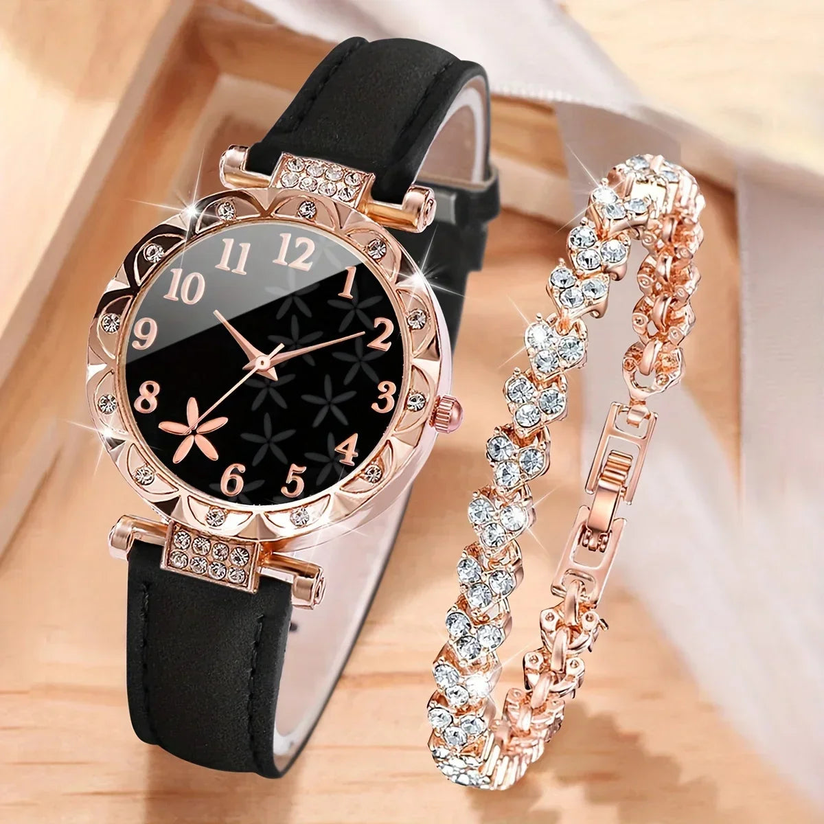 Set of two fashionable quartz watches with diamond accents by Corporación Turística, featuring black bands and elegant design.