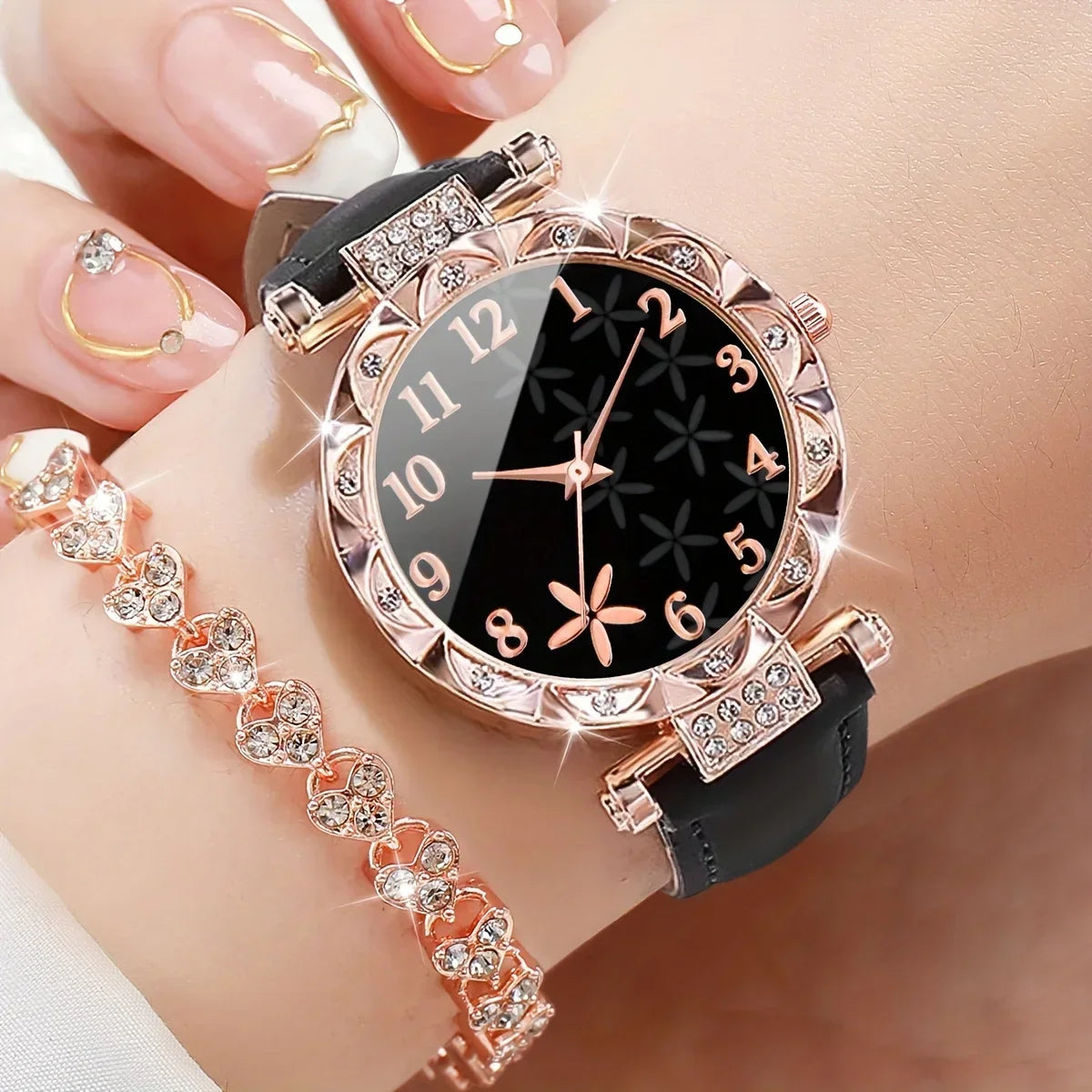 Set of two fashionable quartz watches with diamond accents, black design, and sleek style by Corporación Turística.