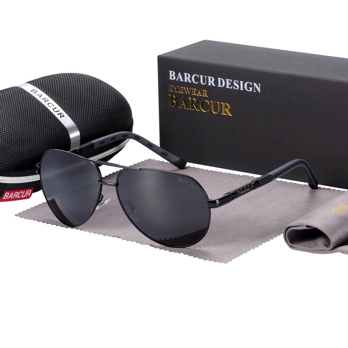Black aluminum classic sunglasses for men by BARCUR, featuring a sleek design with a sturdy frame and tinted lenses.