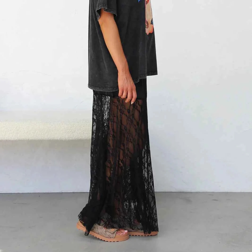 Long boho summer skirt for women with lace details, black color, flowing design, by Corporación Turística.