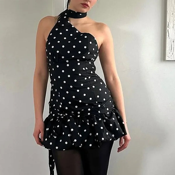 Summer women's dress with V-neck, printed design by Corporación Turística, in black fabric, perfect for warm weather.