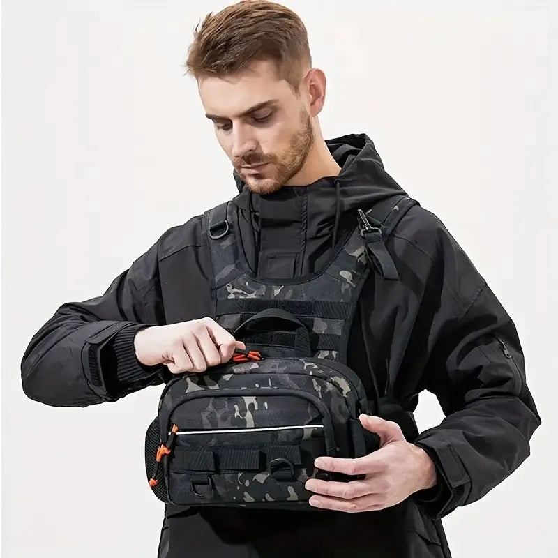 Black fishing lure with front chest vest and backpack features, designed for anglers by Corporación Turística.