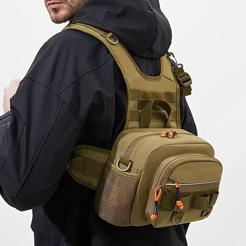 Fishing lure and chest vest with backpack from Corporación Turística, black, designed for anglers with multiple storage pockets.