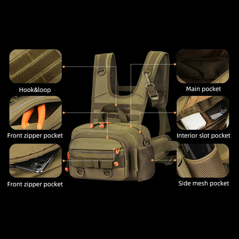Black fishing lure and vest with front chest pocket and backpack design by Corporación Turística, suitable for fishing trips.