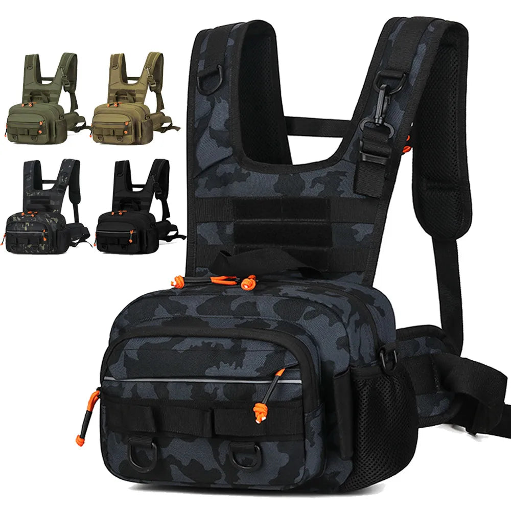Black fishing lure with front chest vest and backpack from Corporación Turística, designed for outdoor fishing activities.