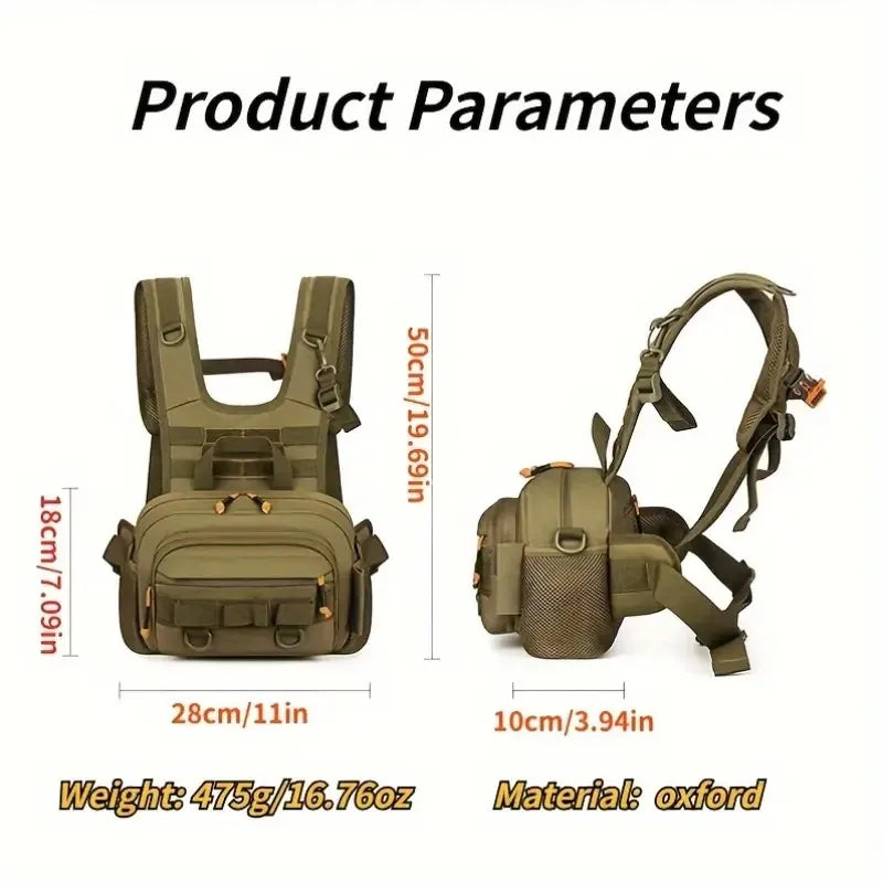 Black fishing lure with front chest vest and backpack, designed for anglers by Corporación Turística.