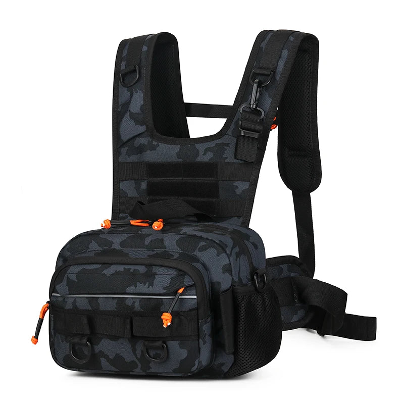 Black fishing lure with front chest vest and backpack by Corporación Turística, designed for outdoor fishing adventures.