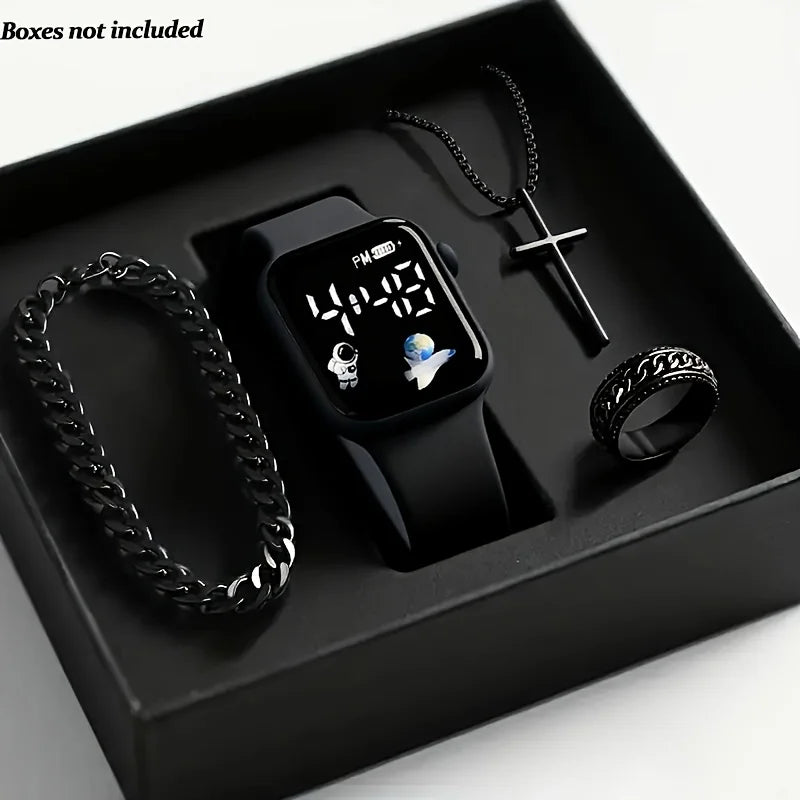 Set de accesorios para hombre de cuatro piezas en color negro, incluye reloj, pulsera, collar y anillo de Corporación Turística