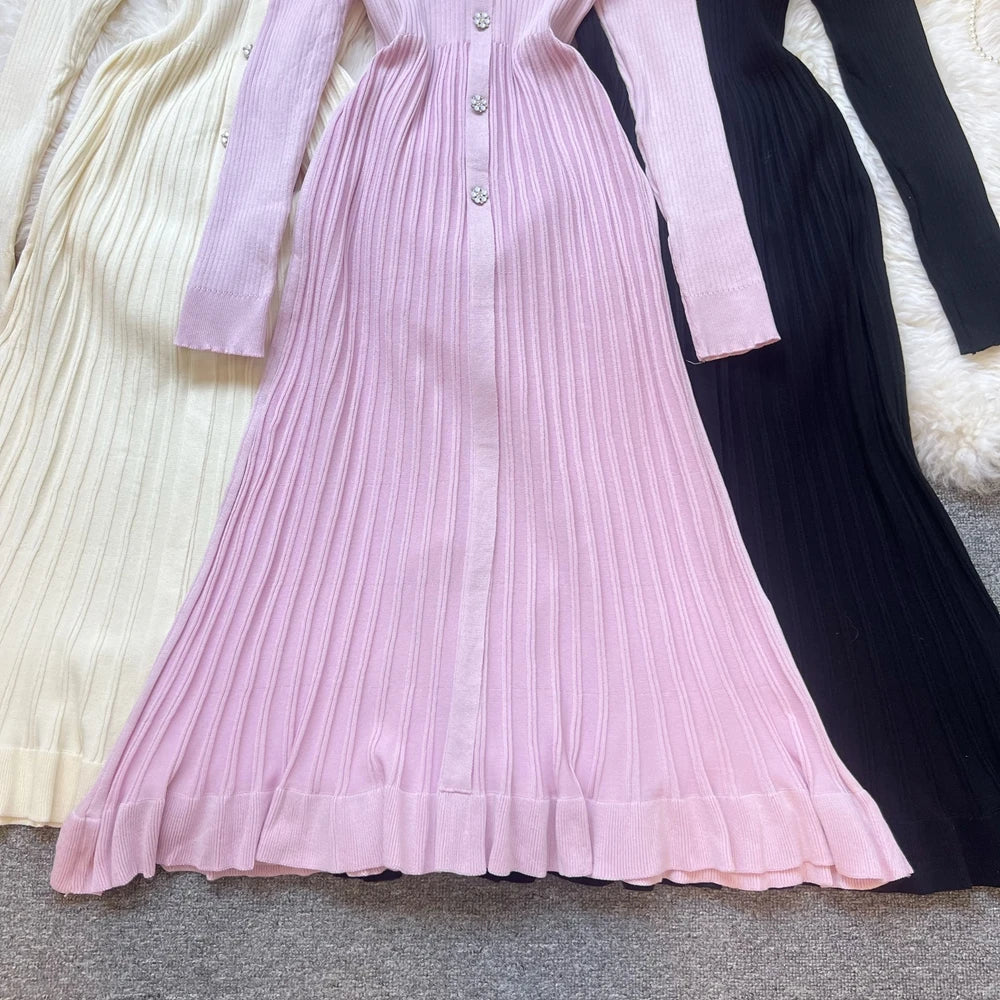 Black YuooMuoo 2026 long knit dress for women, fall and winter fashion, showcasing a stylish, cozy design.