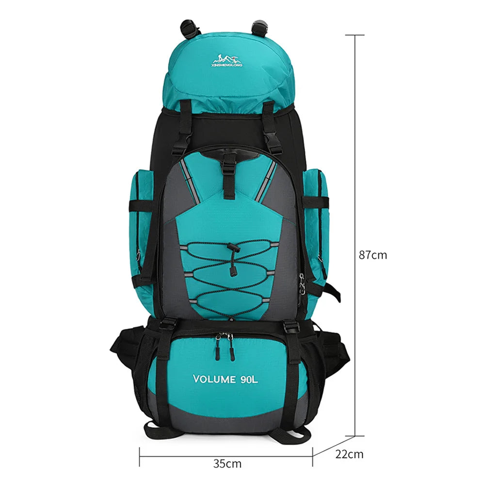 Large 90L hiking and camping backpack by Corporación Turística, showing adjustable straps and multiple compartments.