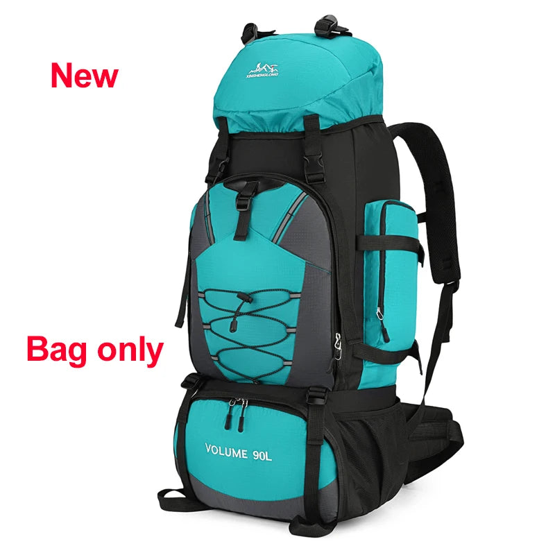 Large 90L hiking and camping backpack from Corporación Turística, shown with adjustable straps and multiple compartments.