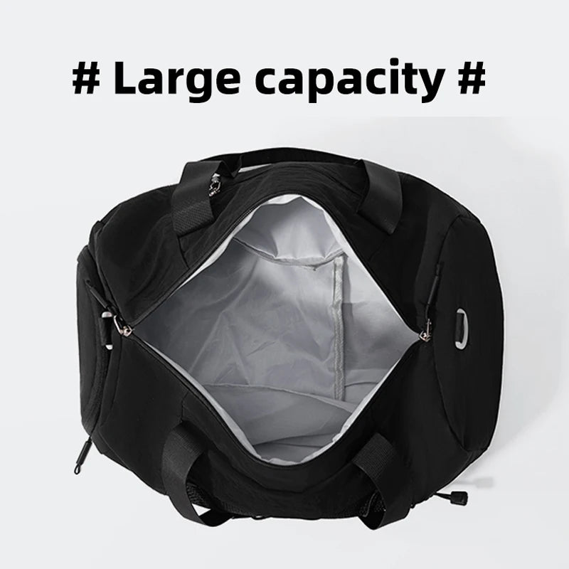 Black gym and travel bag for women and men by Corporación Turística, featuring sturdy handles and spacious interior.