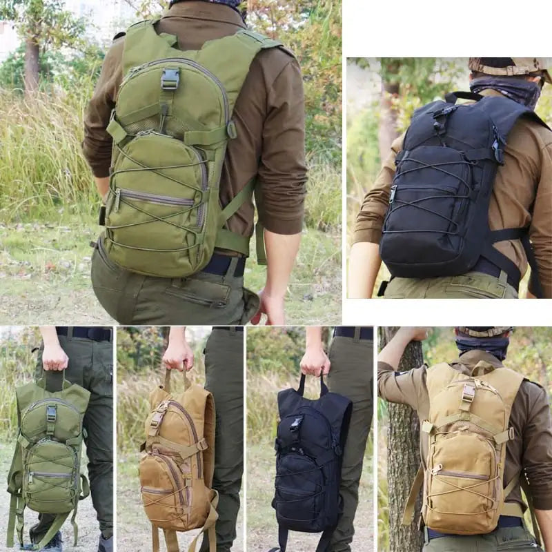 Tactical Molle backpack 15L by Corporación Turística, designed for cycling, with multiple compartments and durable straps.
