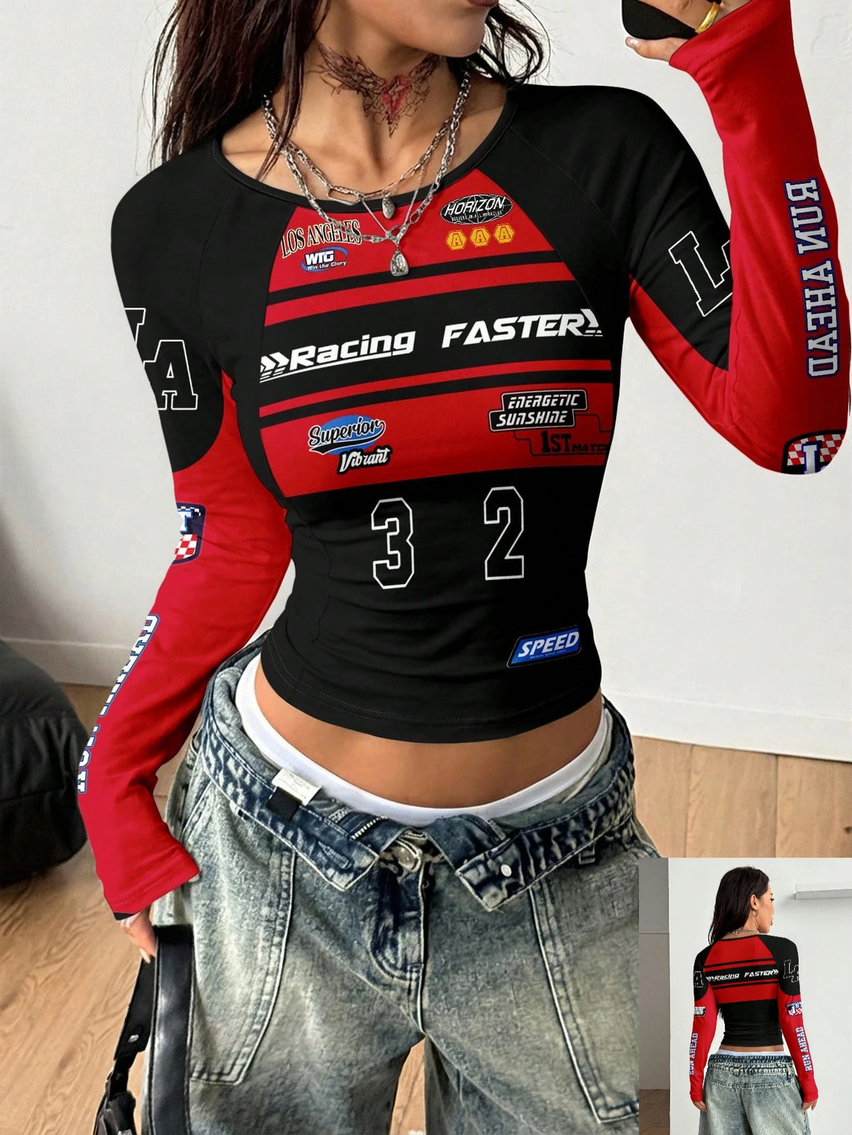 Gray raglan sleeve T-shirt with a graphic motorcycle print, designed by Corporación Turística.
