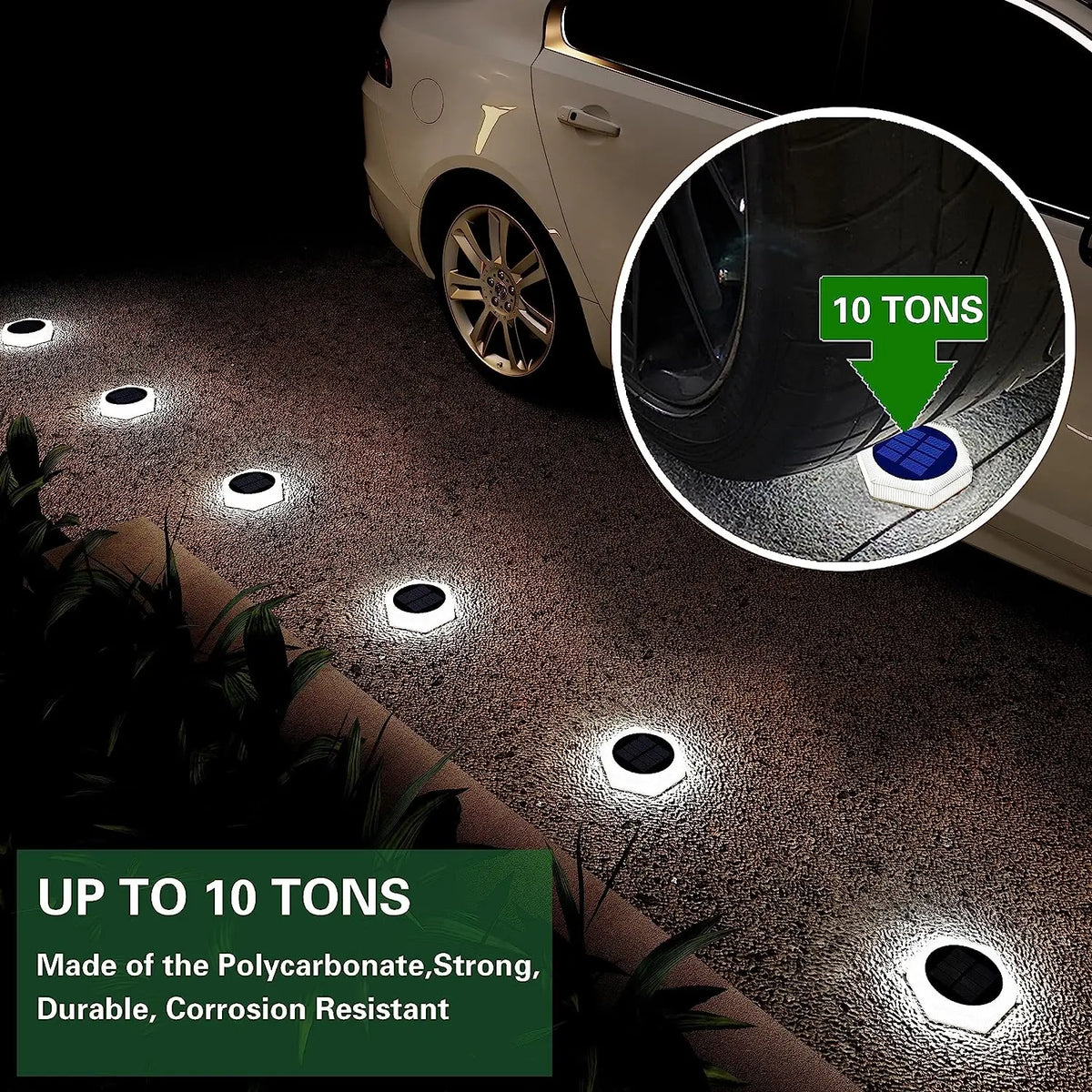 Exterior solar pathway lights from Corporación Turística, cool white LED outdoor illumination for garden walkways.