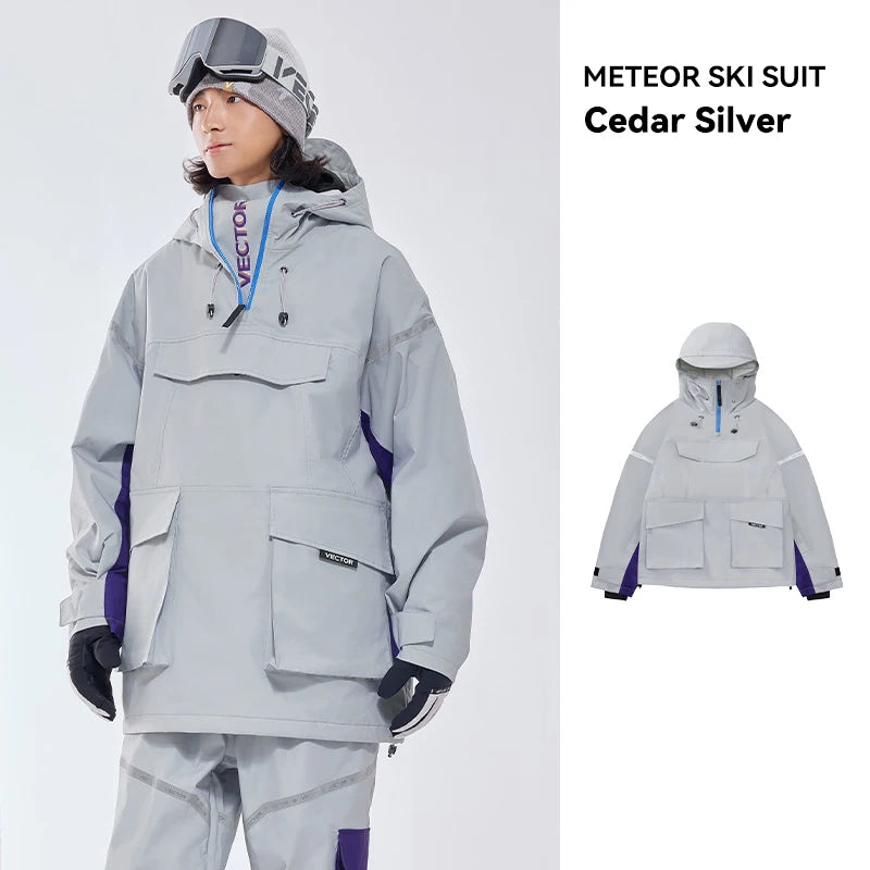Vector ski jacket with hood for men and women, featuring safety and rescue devices, designed by Corporación Turística.