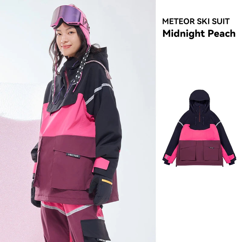 Vector ski jacket with hood, unisex design, featuring safety and rescue devices, ideal for women and men on the slopes.