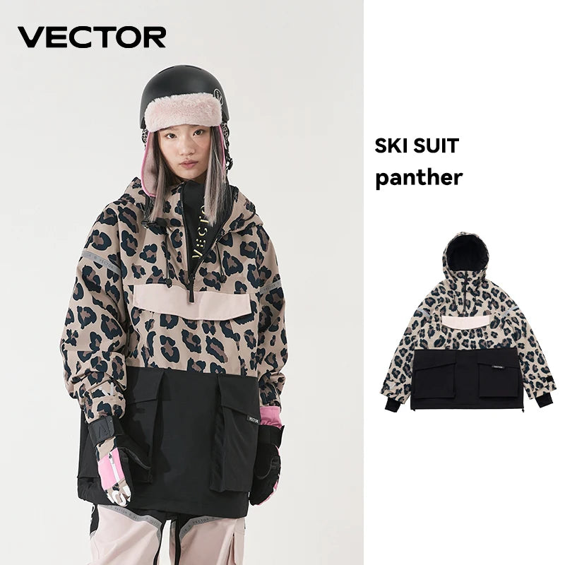 Vector ski jacket with hood for men and women, featuring safety and rescue devices, in a close-up of the insulated winter outerwear.