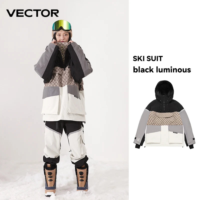 Vector ski jacket with hood, unisex design, warm and waterproof, ideal for winter snow sports by Corporación Turística.