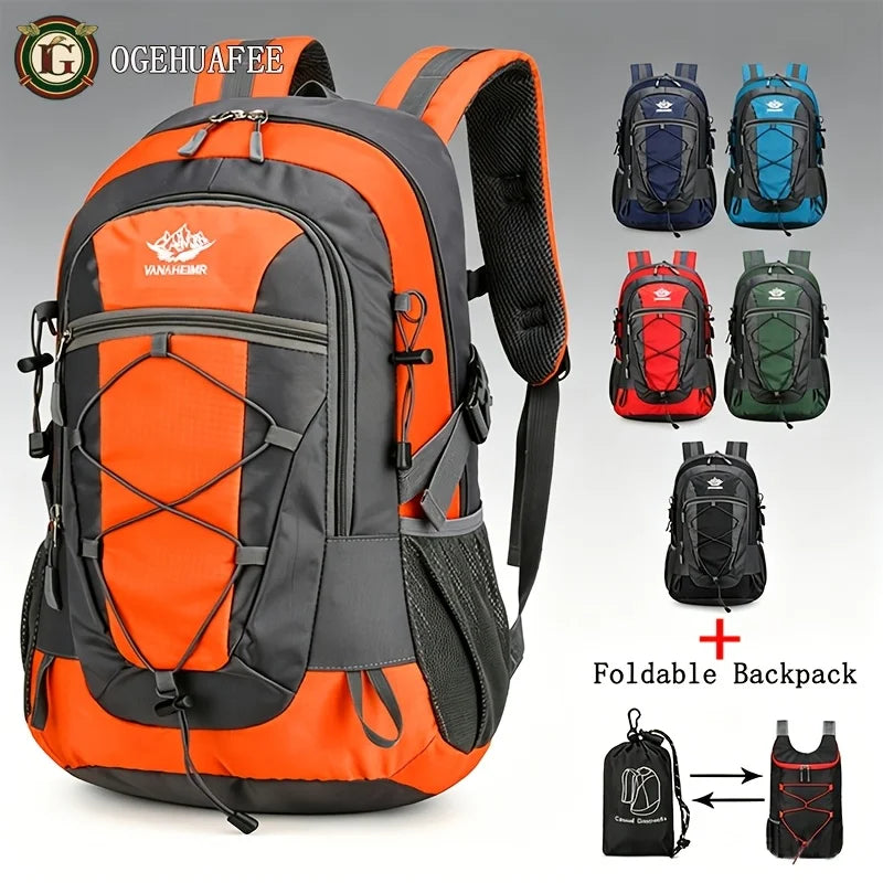 Orange OGEHUAFEE multifunctional hiking backpack from Corporación Turística, shown with multiple compartments and adjustable straps.