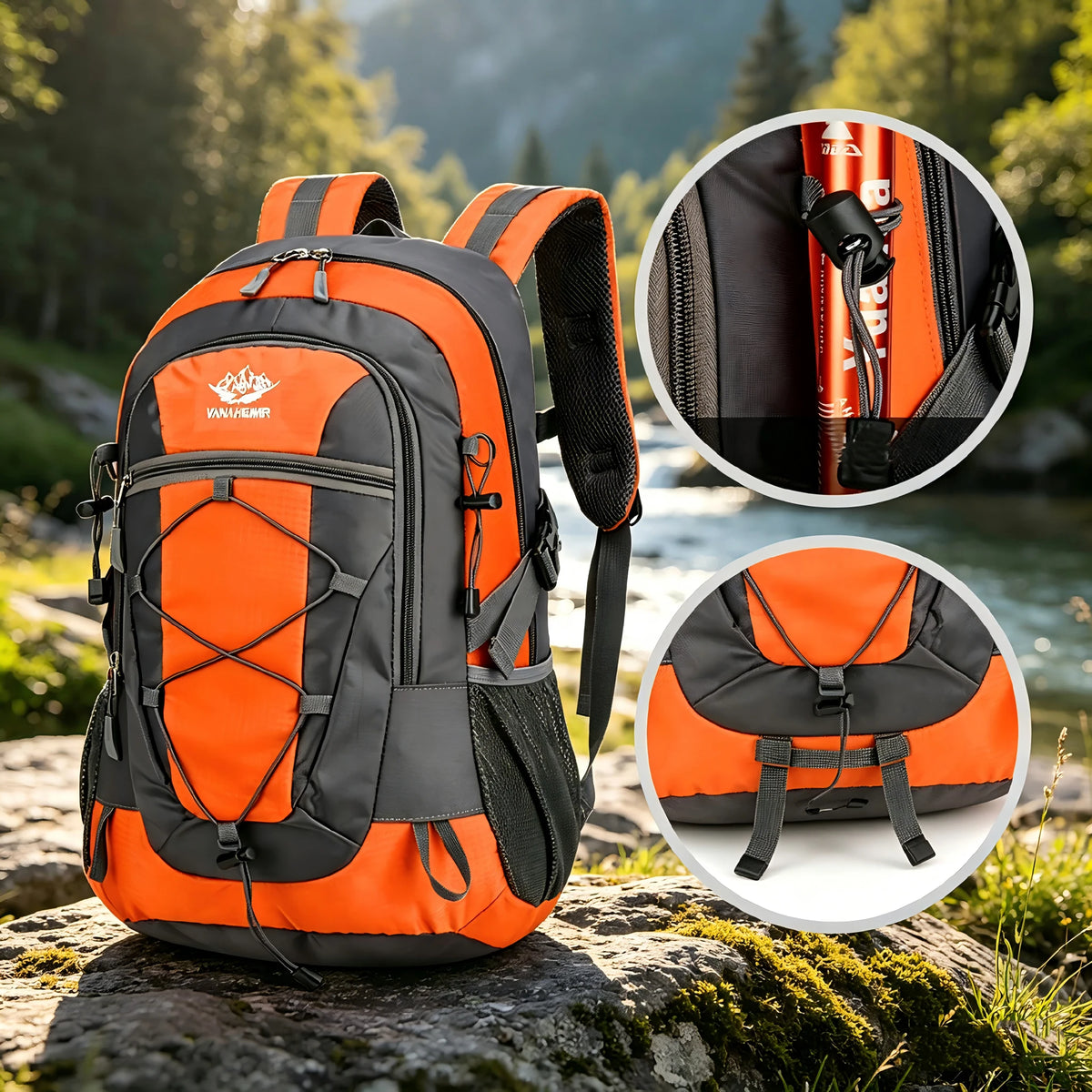 Orange OGEHUAFEE hiking backpack by Corporación Turística, featuring multiple compartments and adjustable straps for outdoor adventures.