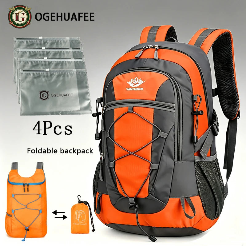 Orange OGEHUAFEE multifunctional hiking backpack with multiple compartments, designed for outdoor adventures and trekking.