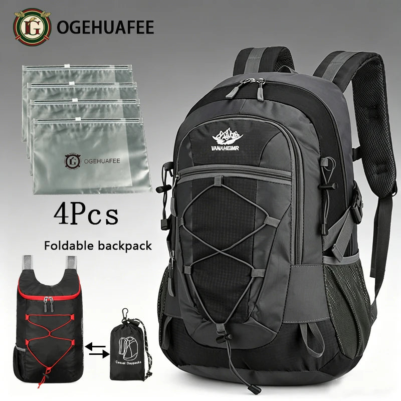 Orange OGEHUAFEE multifunctional hiking backpack with multiple compartments, designed by Corporación Turística for outdoor adventures.