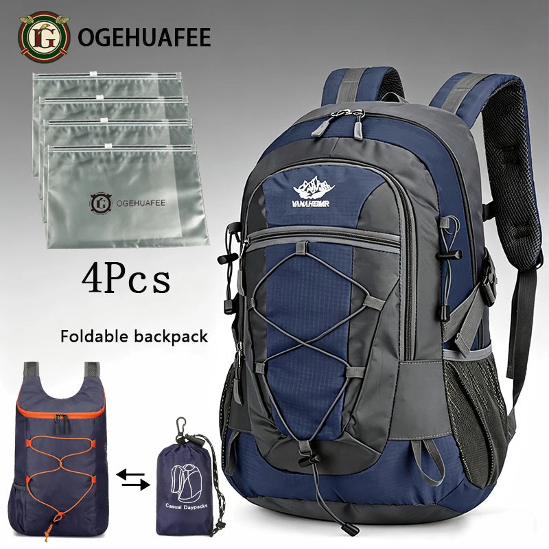 Orange OGEHUAFEE multifunctional hiking backpack by Corporación Turística, shown with multiple compartments and adjustable straps.