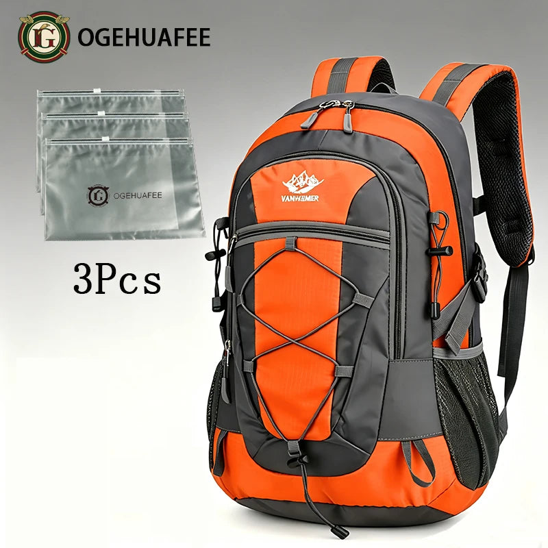 Orange OGEHUAFEE multifunctional hiking backpack by Corporación Turística, featuring multiple compartments and adjustable straps.
