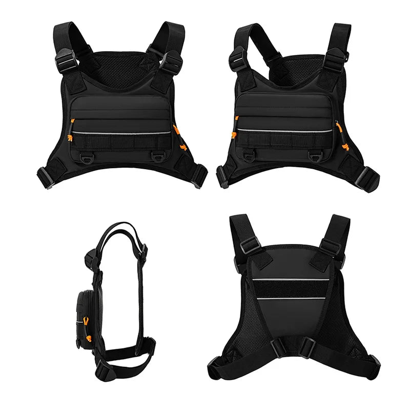 Orange front chest bag and camping vest with backpack straps, ideal for outdoor activities by Corporación Turística.