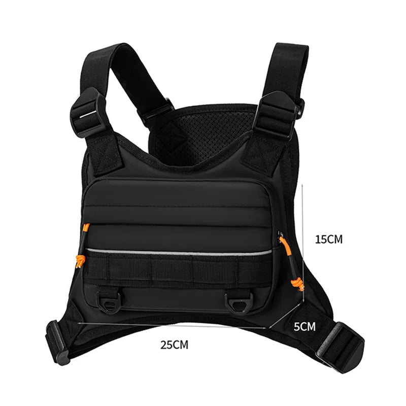 Orange camping chest bag from Corporación Turística with front pockets, designed for outdoor adventures and hiking.