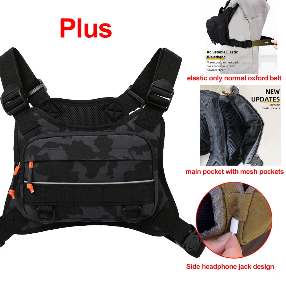 Orange camping chest bag and front vest backpack by Corporación Turística, designed for outdoor adventure and hiking.