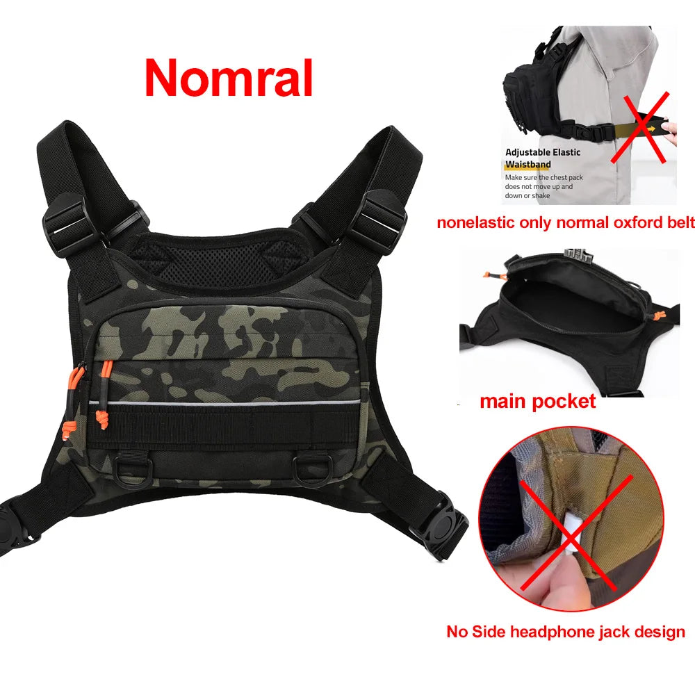 Orange camping chest bag from Corporación Turística, front view showing adjustable straps and compact design for outdoor activities.