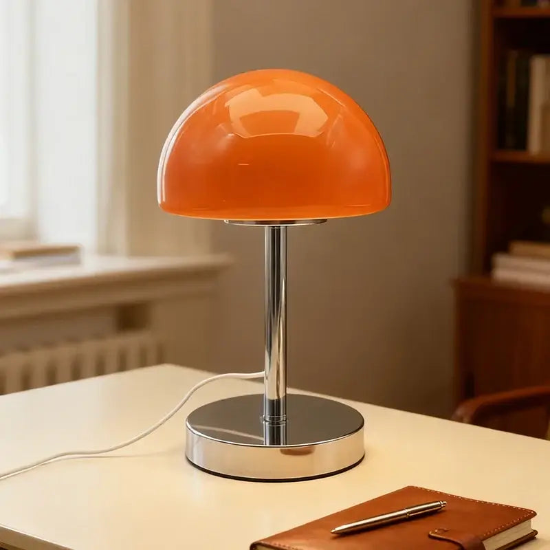 Crystal table lamp with mushroom-shaped shade and orange base, stylish lighting fixture by Corporación Turística.
