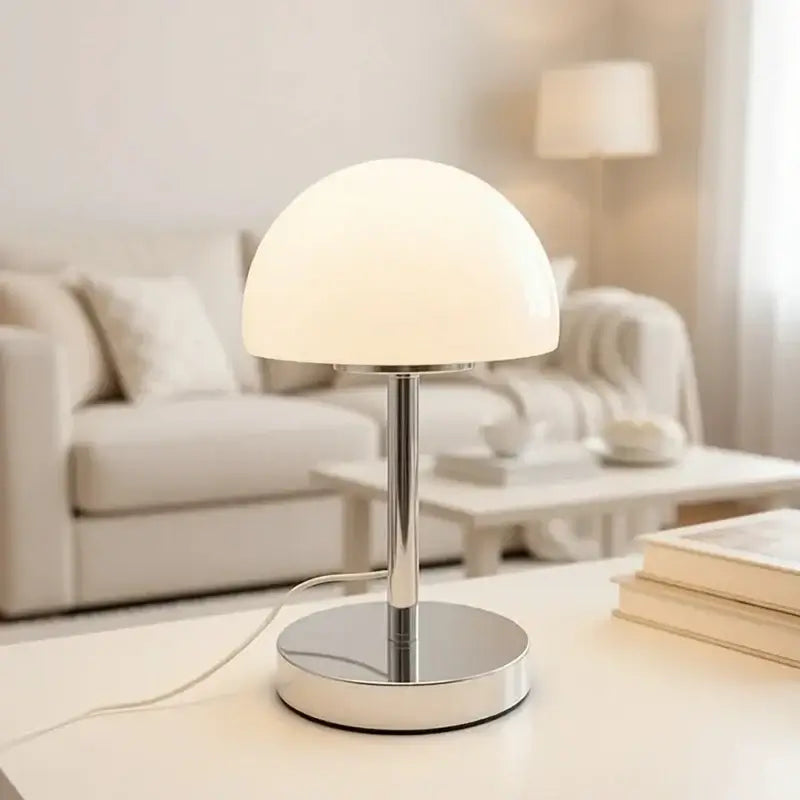 Crystal table lamp with mushroom-shaped glass shade and decorative base, modern lighting fixture by Corporación Turística.
