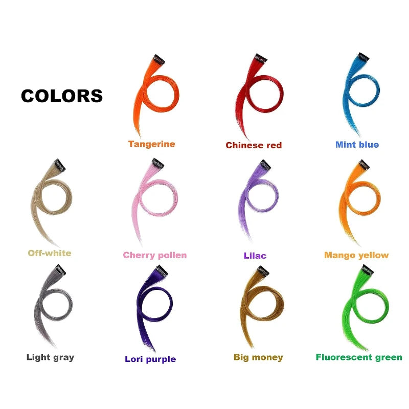 Colorful fashion hair pieces from Corporación Turística, 50cm extension strands in vibrant orange and yellow tones.