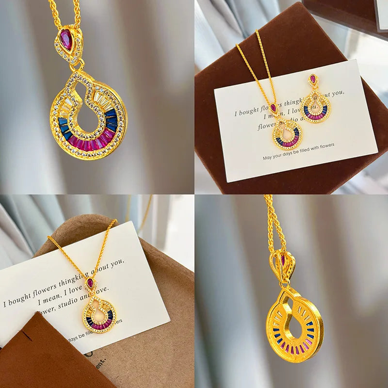 Luxury gold necklace with diamond pendant, 24K real gold, featuring elegant design and sparkling gemstone detail.