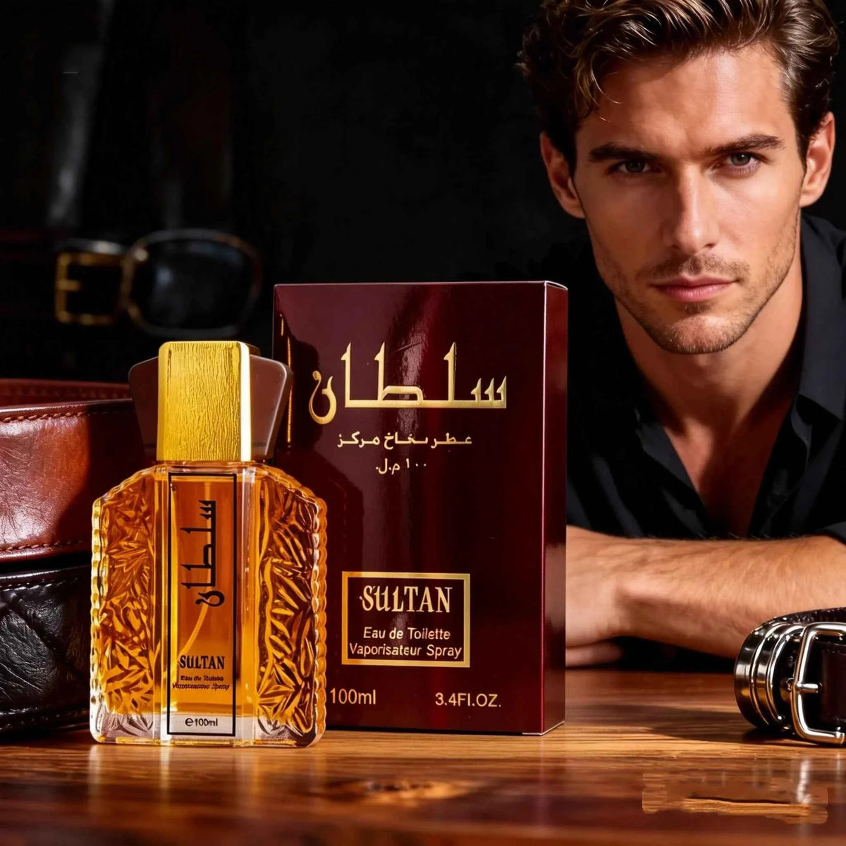100ml Sultan Arabian Oriental Men Eau de Toilette by Corporación Turística, featuring a sleek cologne bottle with gold accents.