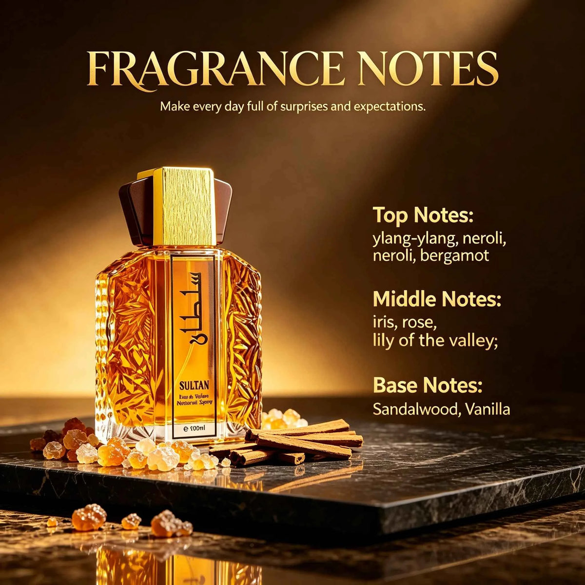 100ml Sultan Arabian Oriental Men Eau de Toilette by Corporación Turística, featuring elegant bottle and luxurious fragrance design.