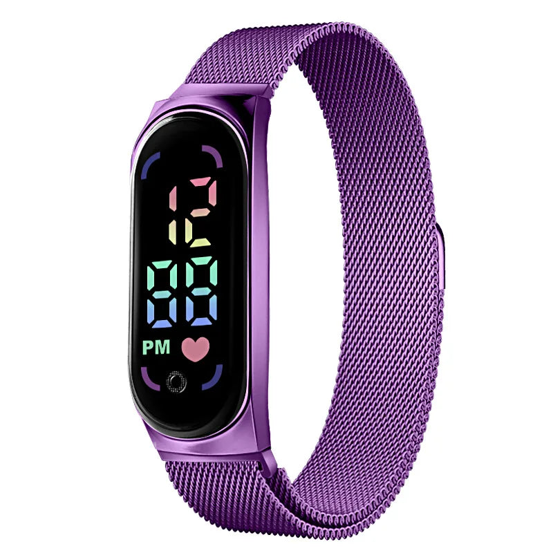 Gold LED magnetic electronic watch with alloy bracelet from Corporación Turística, featuring a modern digital display.