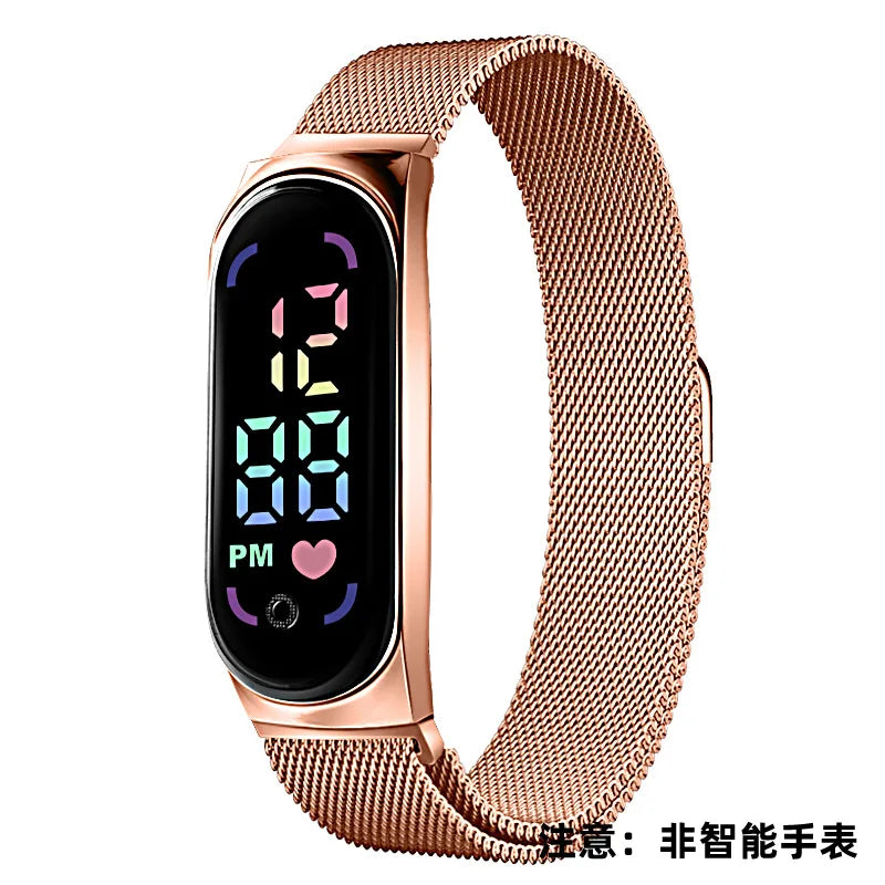 Gold LED magnetic electronic watch with alloy bracelet from Corporación Turística, featuring a sleek, modern design.