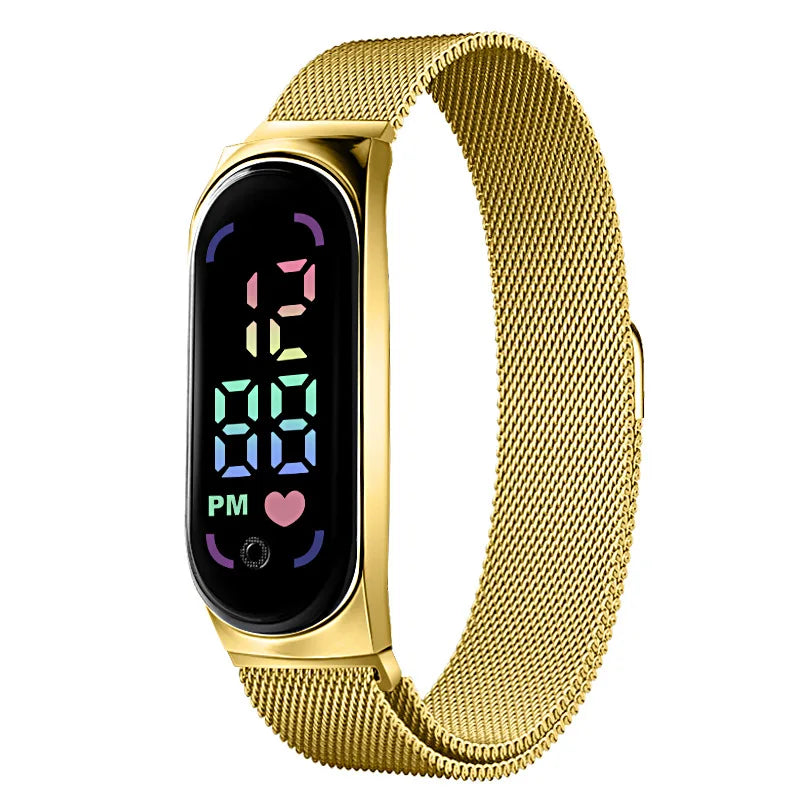 Gold LED magnetic electronic watch with alloy bracelet, modern design, displayed on a white background.