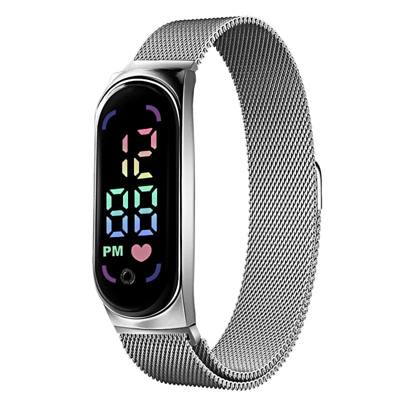 Gold LED magnetic electronic watch with alloy bracelet from Corporación Turística, featuring a sleek modern design.