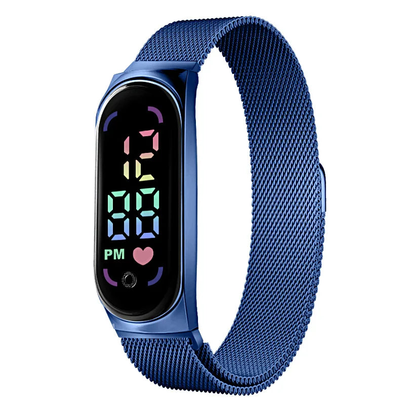Gold electronic LED magnetic watch with alloy bracelet by Corporación Turística, showcasing the stylish timepiece and design details.