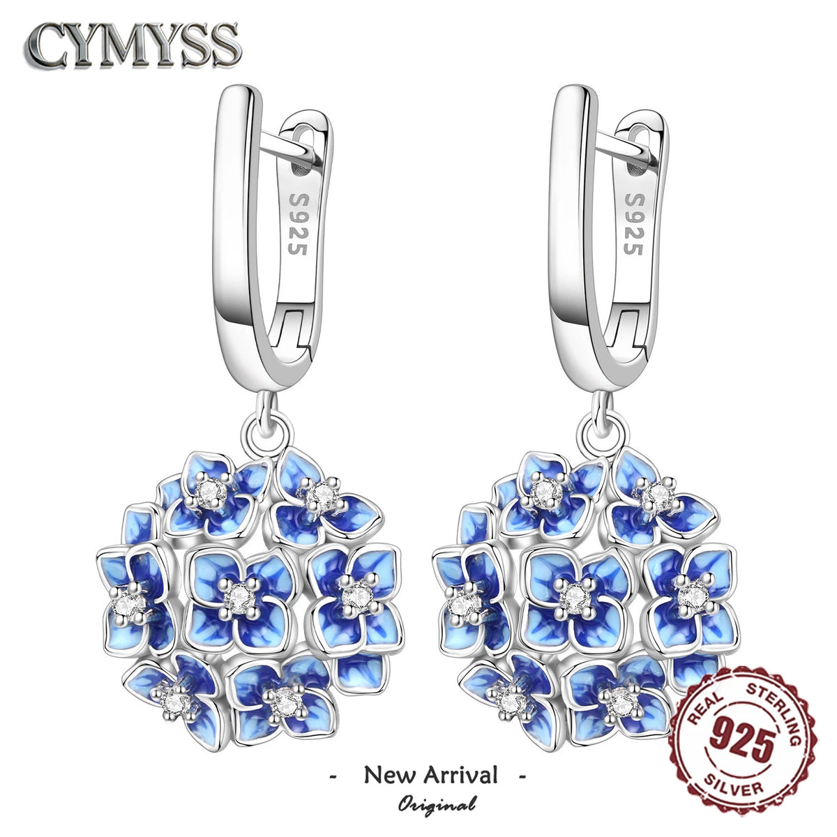 Sterling silver earrings with blue hydrangea flower design, crafted by Corporación Turística.