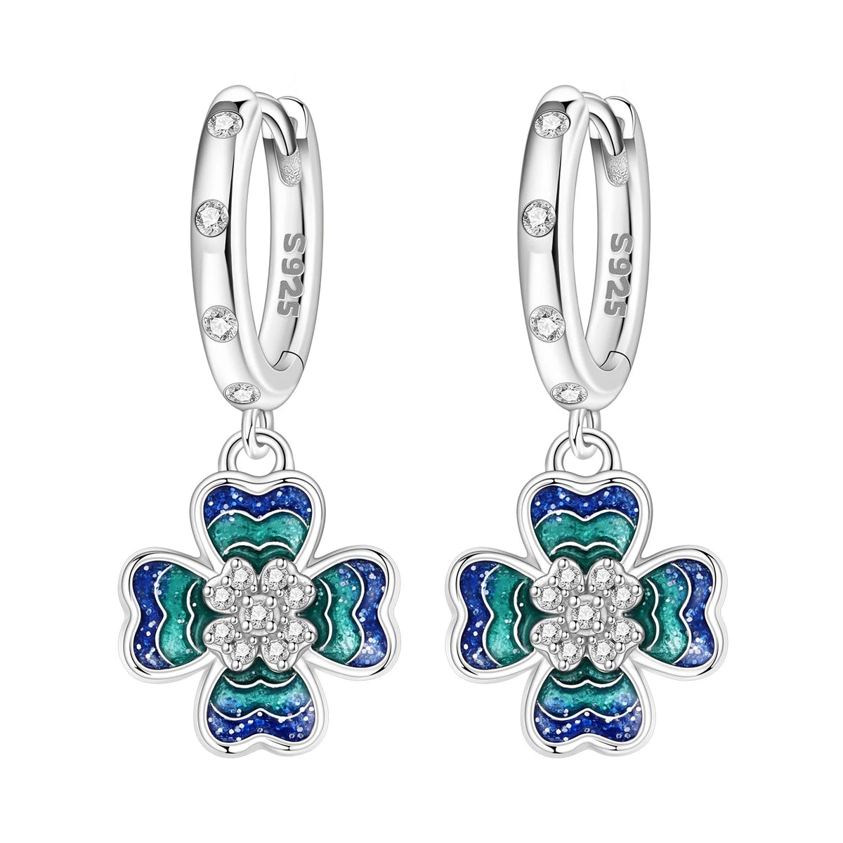 Sterling silver 925 earrings with blue hydrangea flower design, featuring elegant floral jewelry by Corporación Turística.